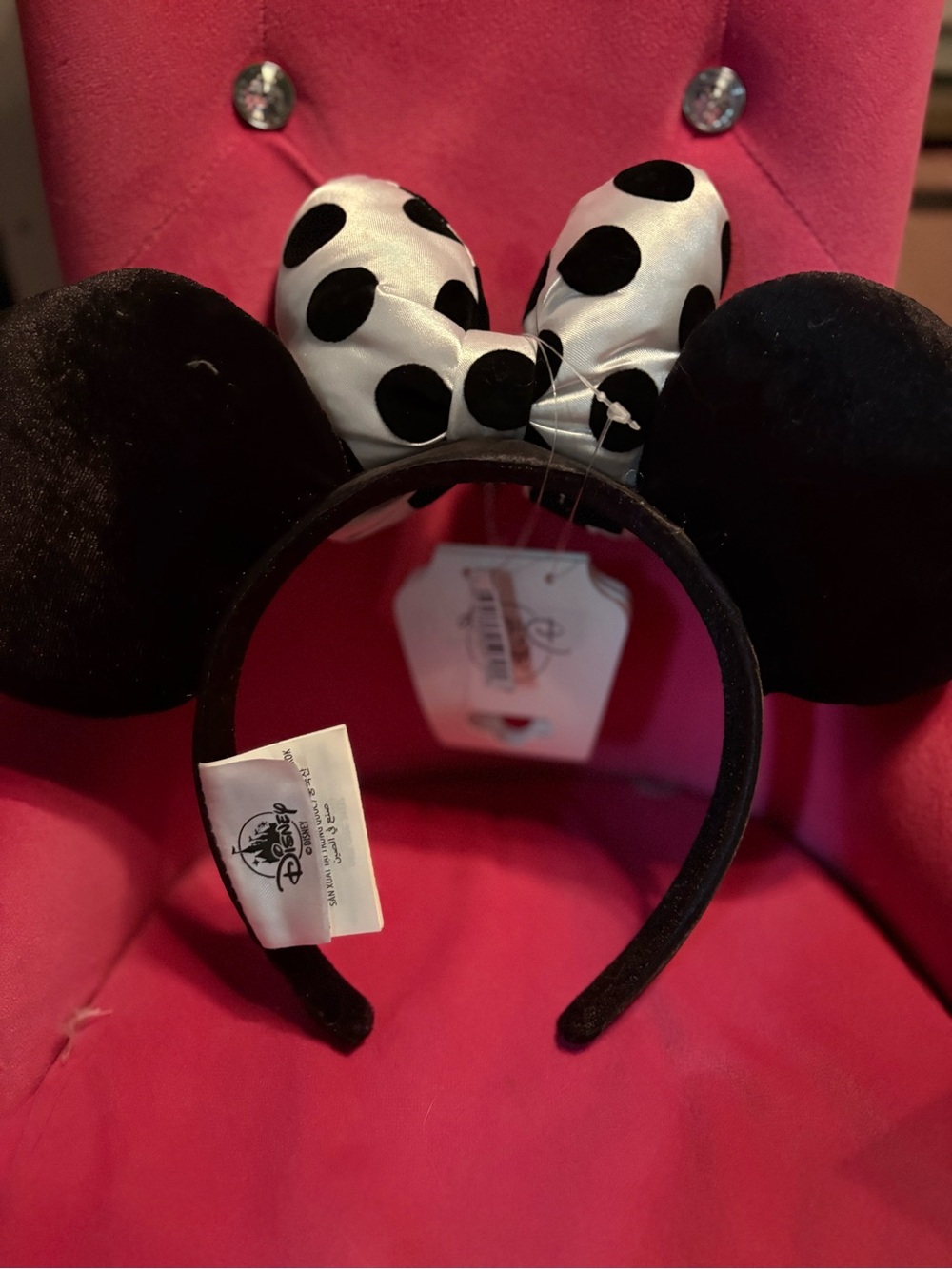 Disney Parks Black Velvet Ear Headband with White Polka Dot Bow - Picture 2 of 2